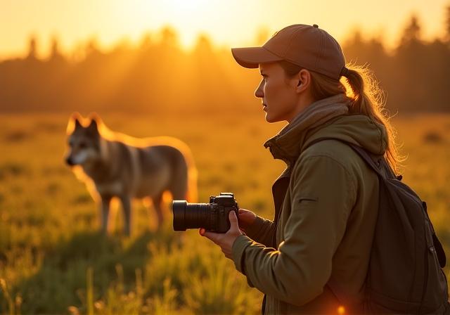 Giornalista che documenta fauna selvatica nel campo — Lupo Vox